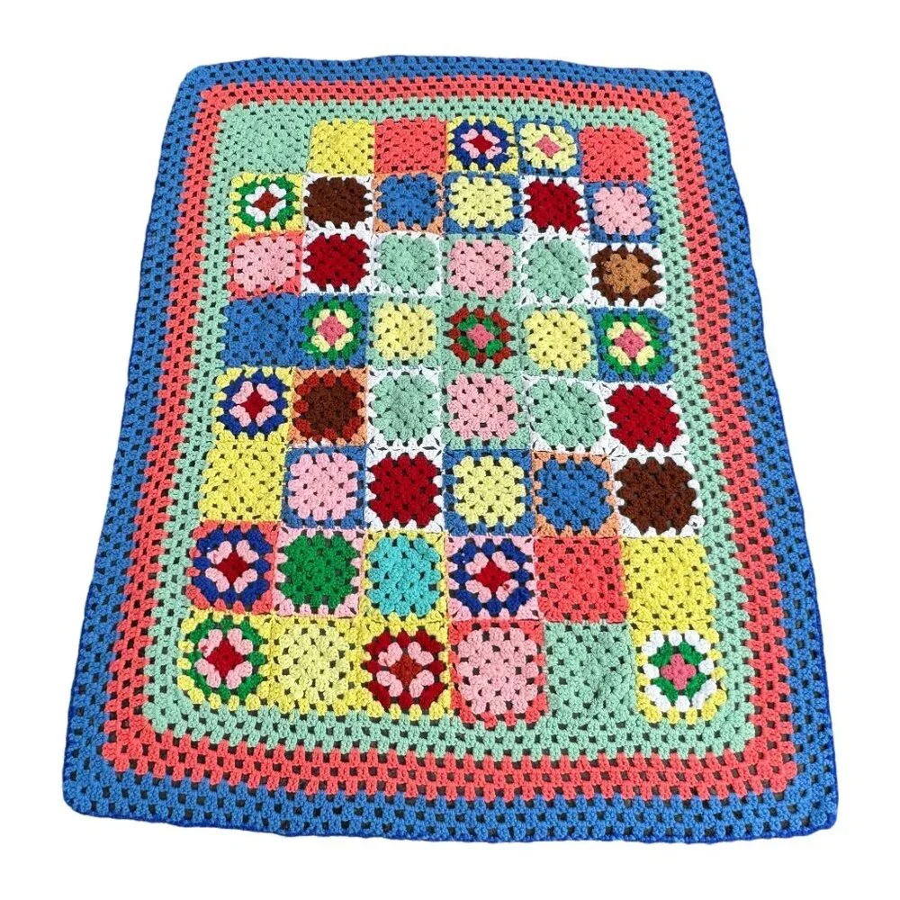 Handmade Crochet Granny Square Throw Afghan 38.5 X 49.5 inch Multi-Color Blanket